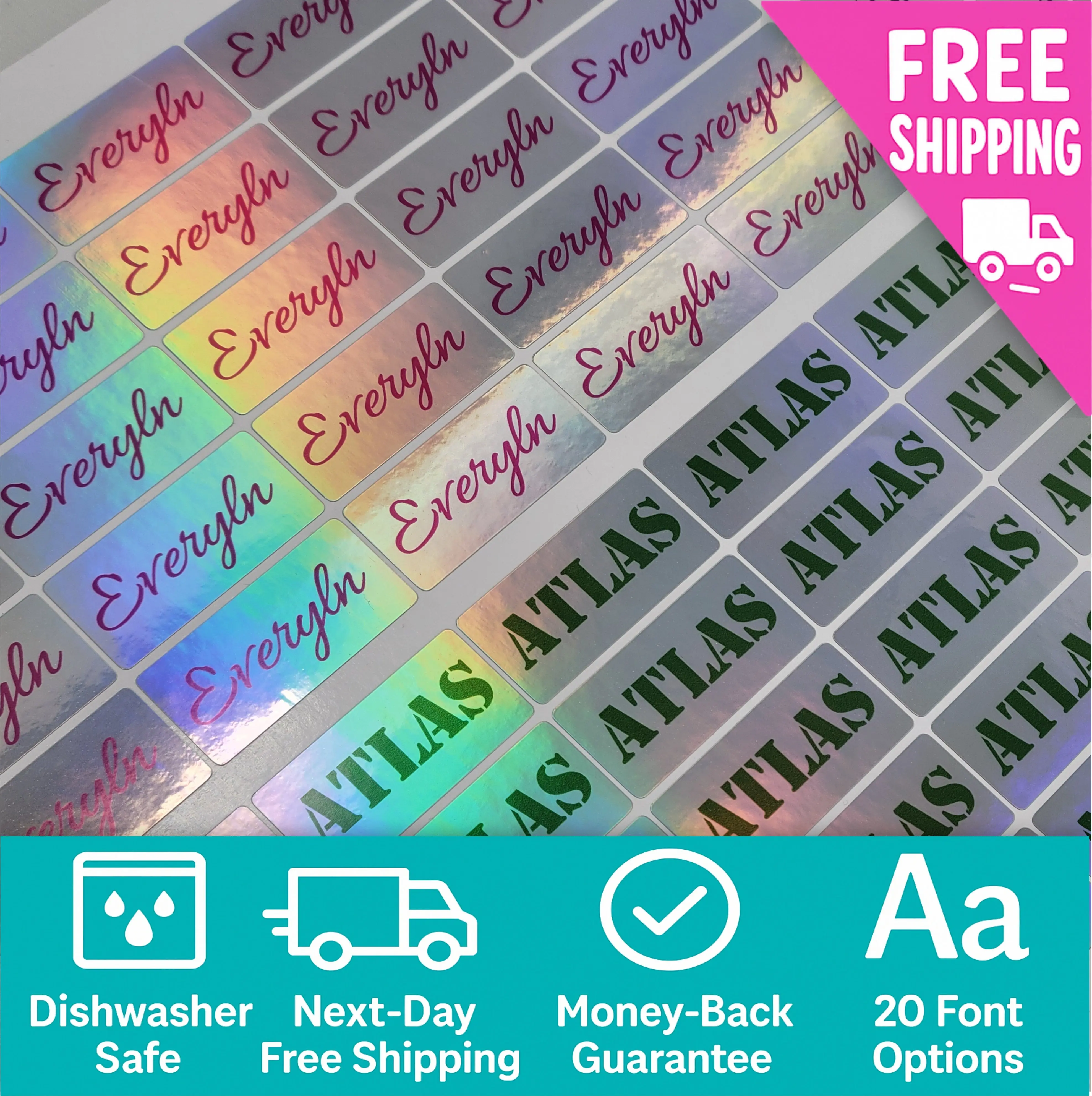 Personalized Holographic Name Stickers - Vibrant Colors, Waterproof ...