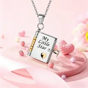 My Little Star Book Inspirational Locket Necklace Engraved Message Romantic Flip Open Pendant Jewelry Dad to Daughter Birthday easter Gift Sentimental Accessory