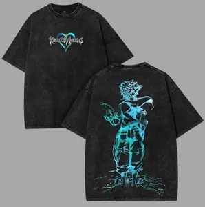 Sora Silhouette x Kingdom Hearts Washed Oversized Vintage Tee, Neon Blue Streetwear Graphic, Anime Collector Drop