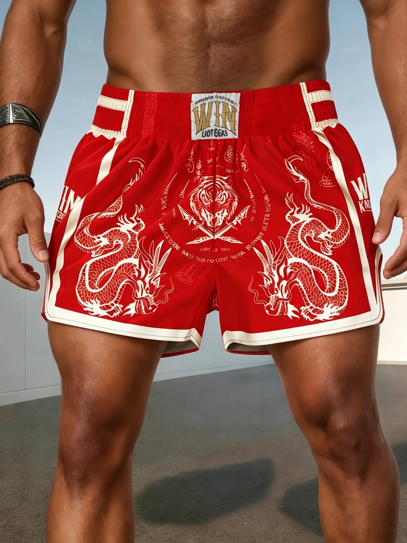 Men's Muay Thai Shorts, Sport Shorts, Trendy Short, Dragon Tiger Print, Elastic Waistband, Summer Casual Streetwear, Streetwear Sports Shorts, Perfect for Fashion Enthusiasts