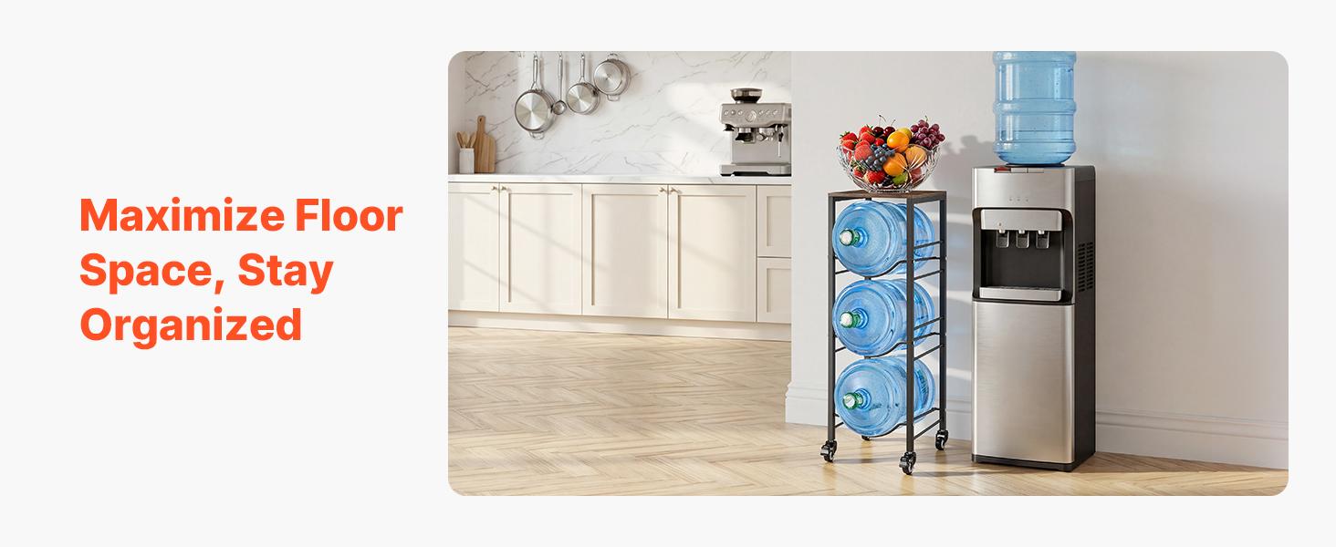 【summerfinds】VEVOR Water Jug Holder, 4 Tiers 3 and 5 Gallon Water Bottle Holder for 3 Bottles, Heavy Duty Jug Rack Organizer with Storage Shelf and Casters, for Kitchen, Office, Living Room, Black and Brown