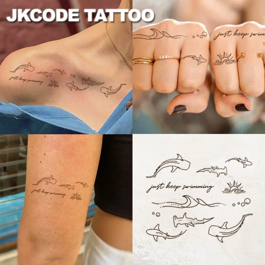 Ocean Minimal Tattoo Stickers, Cute Style, Shark Theme Island Wind Pattern, Long-Lasting Waterproof 15 Days, Fashion Girl Accessories, Temporary Tattoo, Waterproof Temporary Tattoos, Temporary Fake Tattoos