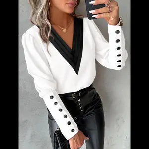 Women’s patchwork printed button-cuff shirt, elegant V-neck long-sleeve top suitable for work, office, and business; women’s four-season blouse/womenswear