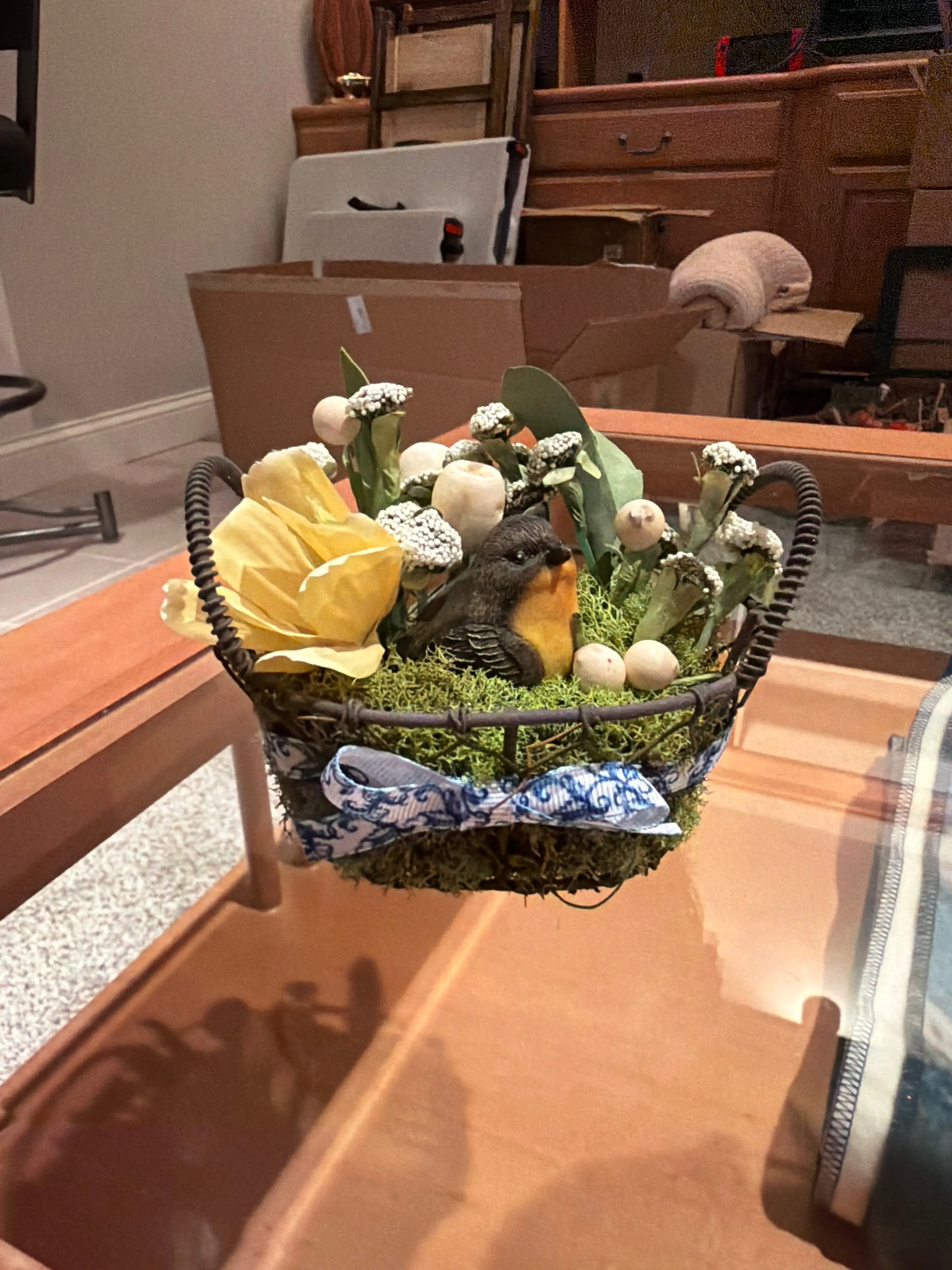 Rustic Wire Nest Storage Basket Arrangement - Whimsical Cottagecore Easter Decor with Faux Bird, Speckled Eggs, Yellow Rose & Green Moss for Home Decorating