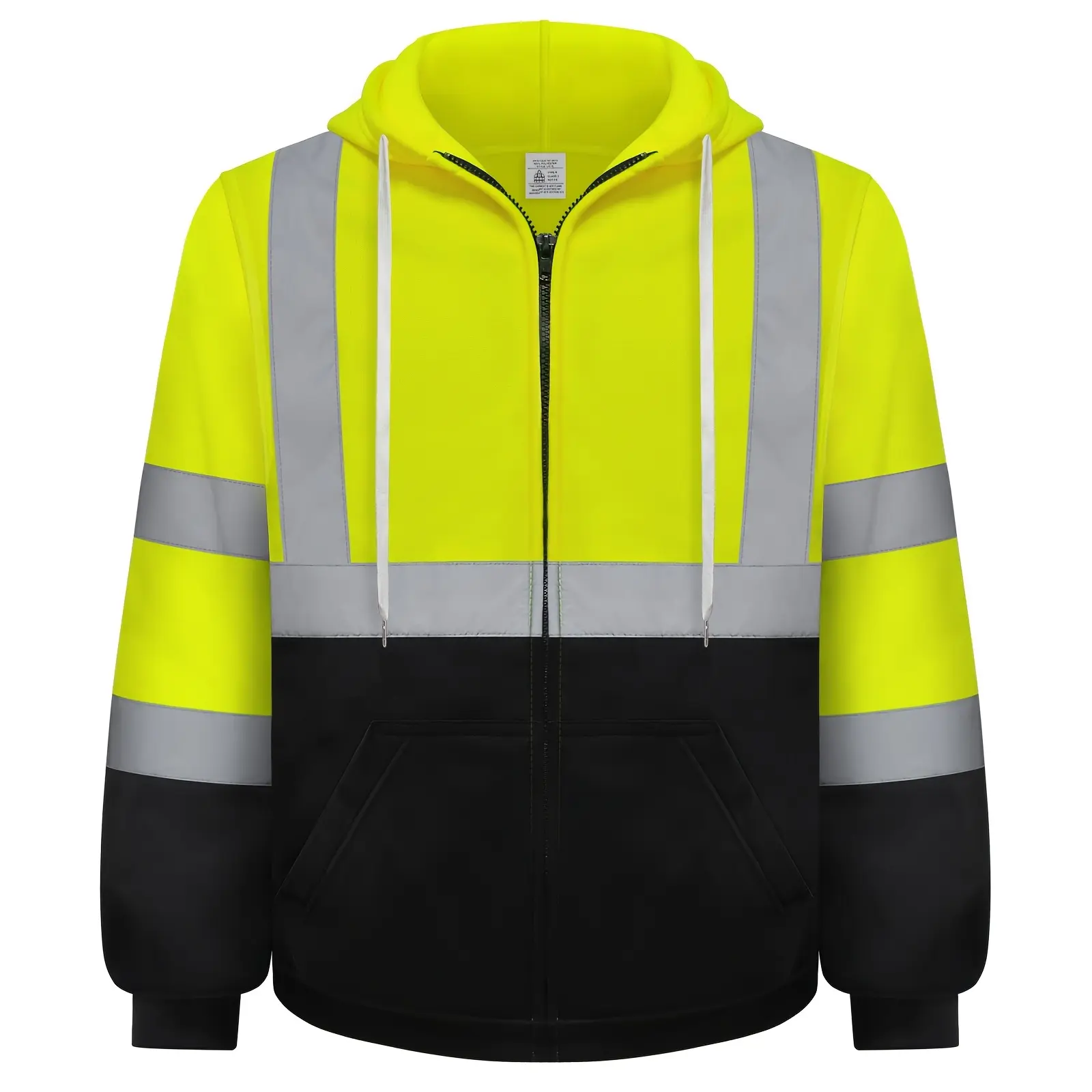 TCCFCCT Men'S High Visibility Safety Hoodie, Class 3 Reflective Zippered Sweatshirt, Polyester Knitted Hooded Sweatshirt with Black Bottom, Machine Washable