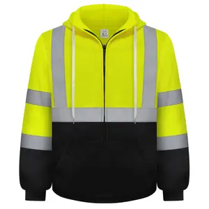 TCCFCCT Men'S High Visibility Safety Hoodie, Class 3 Reflective Zippered Sweatshirt, Polyester Knitted Hooded Sweatshirt with Black Bottom, Machine Washable