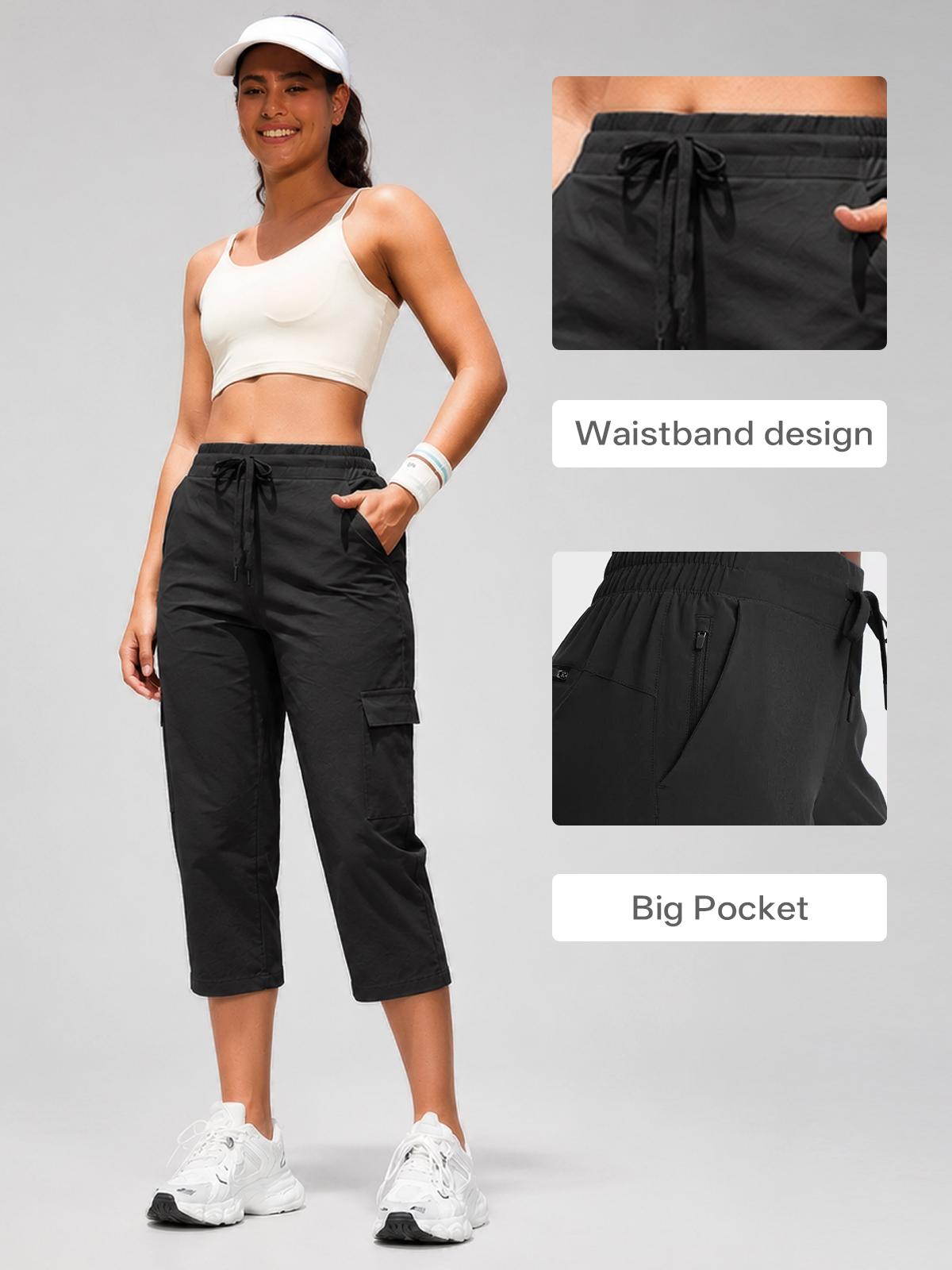 JOJOANS Women's Quick Dry Cargo Capri Pants with 7 Pockets, Lightweight Breathable Mid Rise Drawstring Hiking Travel Pants, Stretch Outdoor Casual Capris for Vacation, Camping, Walking, Beach, Everyday Summer Outfit