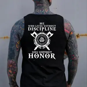 Norse Mythology Graphic - No Discipline, No Honor - Viking Warrior Shirt - Motivational Viking Black Print Tank Top- Tattoo Street Wear Casual Cotton Shirt, Unisex, Minimalist Style, Trending for Men & Women