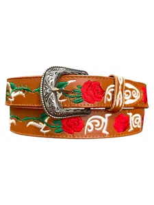 Cinto Vaquera Bordado Piteado de Piel para Mujer Flores Cowgirl Women’s Western Style Floral Embroidered Leather Belt