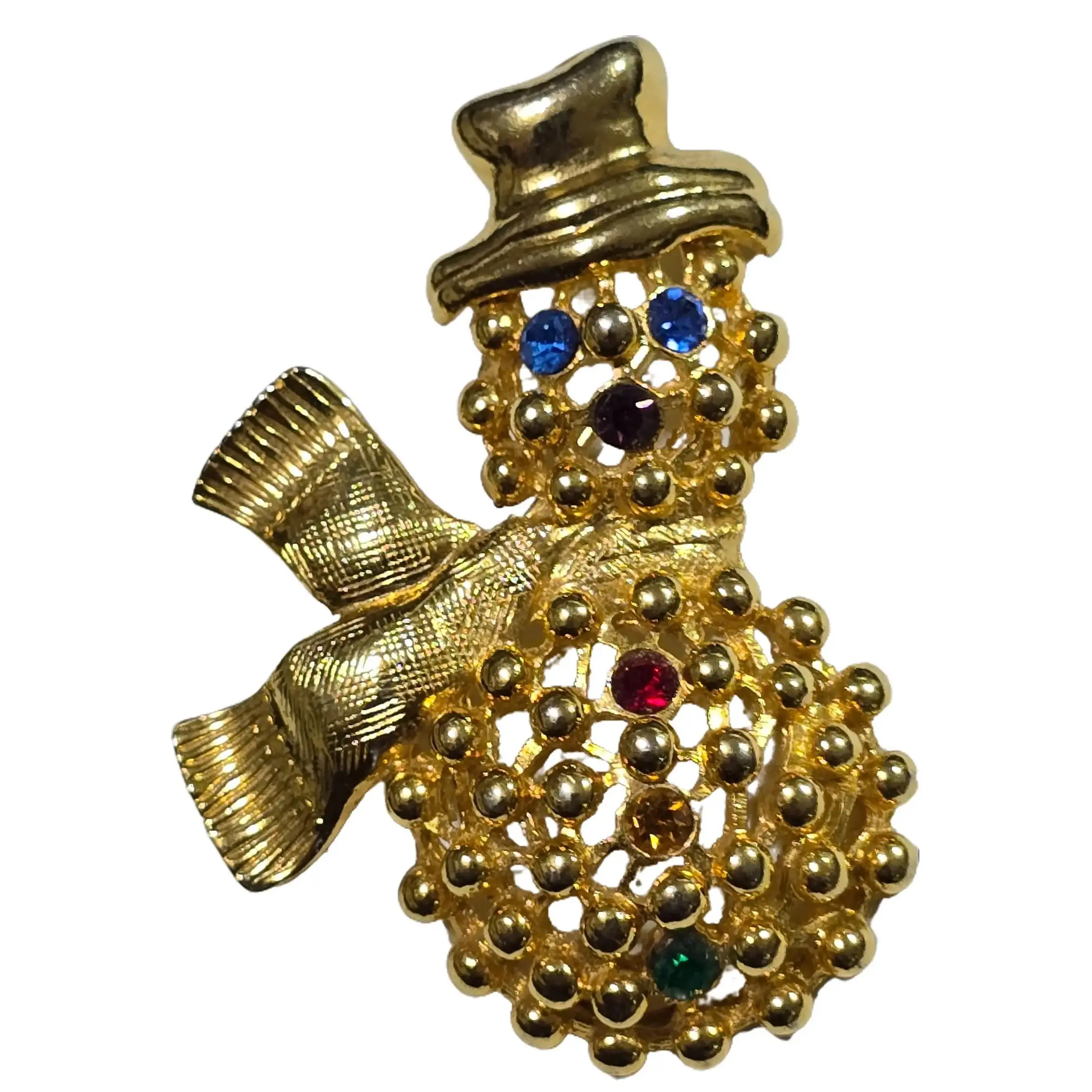 Vintage Gold Tone Snowman with Multi-Color Rhinestone Figural Christmas Brooch Estate Jewelry Pin