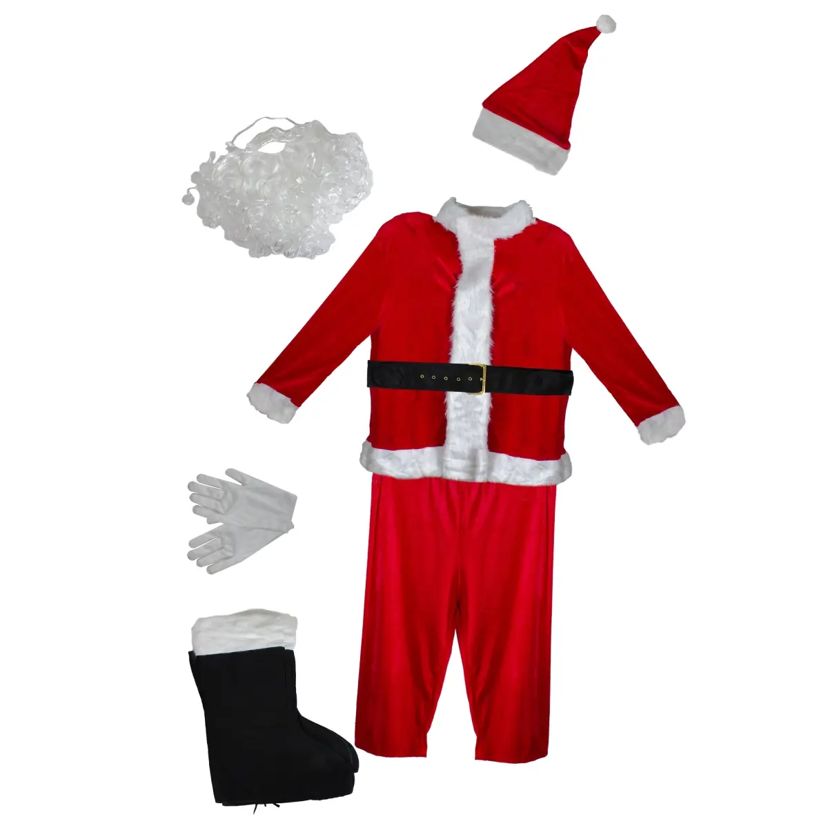 212 MAIN Plus Size Men's Traditional Christmas Santa Costume Set - 38in Red-Black Polyester Dress, Red-White Stretch Clothes, Fur Beard, Belt, Gloves, Boot Covers, Menswear Jacket