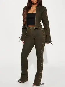 Take Notes Lace Up Stretch Bootcut Jeans - Olive
