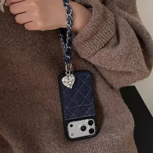 Trendy Minimalist Argyle Denim Blue iPhone Case with Card Holder and Detachable Denim Heart Wrist Strap, Shockproof Protective Cover Compatible with iPhone 17 Pro Max/16/15/14/13, Durable Scratch-Resistant Case with Creative Heart Pendant