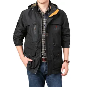 Men’s sports jacket, men’s business-casual jacket, lightweight quick-drying outdoor hiking jacket, casual parka coat, zip-up hood, multiple pockets, autumn windproof hooded jacket