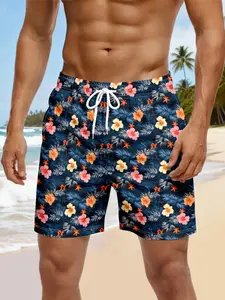 Men's Hawaiian Hibiscus Palm Leaf Print Quick-Dry Beach Pants, Loose-Fitting Summer Vacation Essentials, Casual All over Print