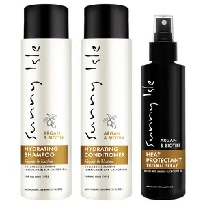 Sunny Isle Argan & Biotin Hydrating Shampoo, Conditioner (12oz) & Heat Protectant Spray (6oz) Bundle - Jamaican Black Castor Oil infused - Frizz Control, Smooth & Soft Hair, Heat Protection