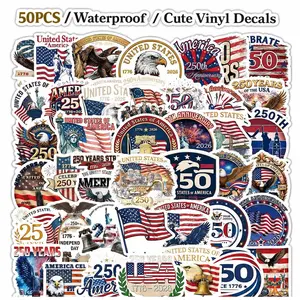 1Pc 50Pcs Red White Blue Anniversary Stickers Pack Patriotic Vintage Aesthetic Vinyl Decals Waterproof USA Theme Stickers for Water Bottle Laptop Phone Case Luggage Scrapbook Journal DIY Decor Independence Day Memorial Day Summer Party Favor Gift