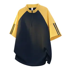 Men’s summer half-zip polo short-sleeve T-shirt with a niche design shirt collar; color-block casual style, comfortable and versatile, soft and cozy.
