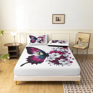 3pcs Purple Pink Butterfly Flower Print Fitted Sheet Set, Romantic Floral Bedding Set,(1 Bedsheet+2 Duvet Covers,No Pillow),Adapt To Family Dormitory, Hotel