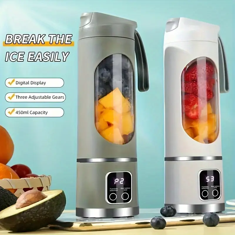 Compact USB Rechargeable Portable Blender and Juicer 450ml Digital Display Stainless Steel Blades Easy Clean for Smoothies Milkshakes Fresh Fruit Drin