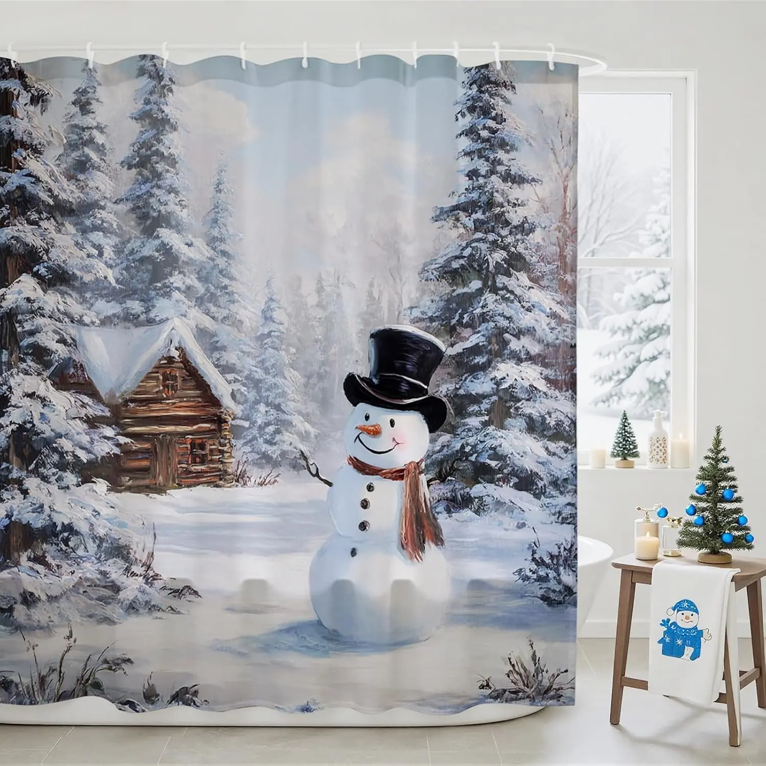 Christmas Shower Curtain Snowman Christmas Bathroom Decor Farmhouse Winter Shower Curtains for Bathroom Snowy Forest Winter Gift (White, 71x71inch)