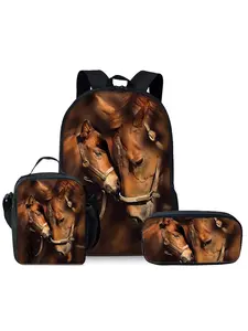 Horse pattern printed 17-inch Casual Lightweight backpack three-piece set (single-layer backpack + shoulder strap lunch bag + single-layer pencil bag)