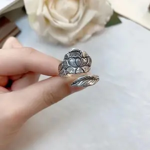 Buyee 925 Sterling Silver Female Big Ring Finger Peony Flower Open Ring for Women Fashion National Style Fine Jewelry Circle