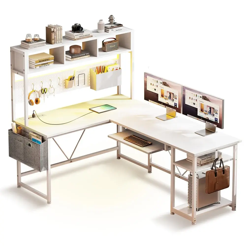SIKAIC 57.5-Inch L-Shaped Adjustable Corner Gaming Desk - White Reversible Computer Desk with Hutch, Storage Shelves, Power Outlet for Home Office & Gaming, Adjustable Corner Desk