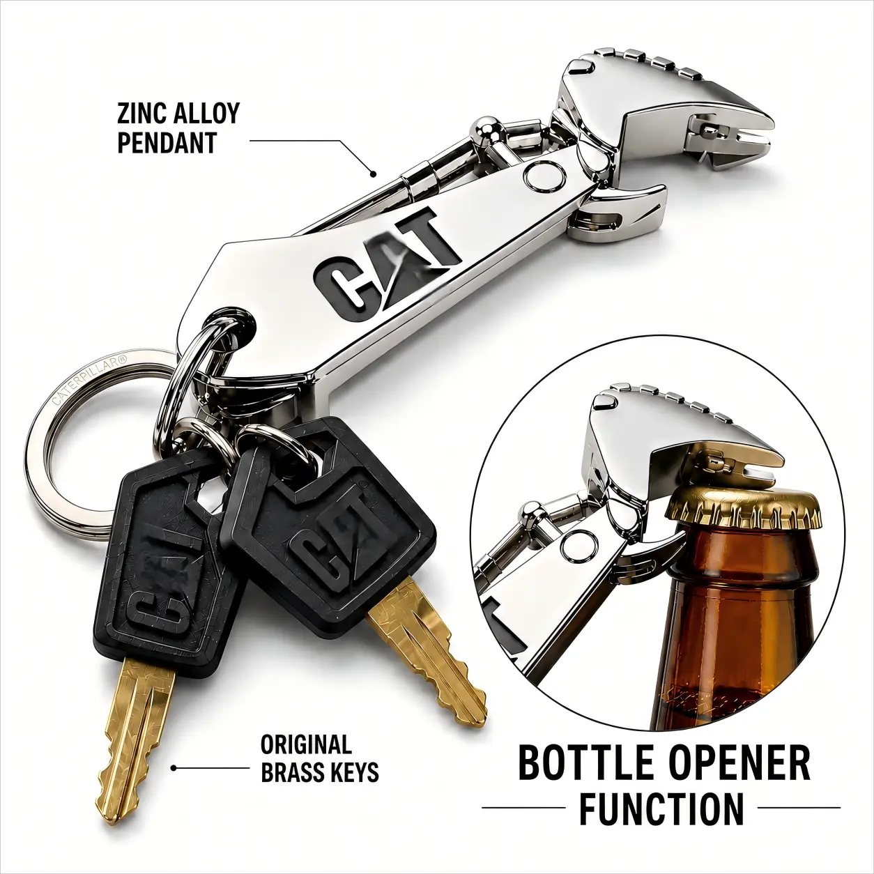 CAT Wrench Shaped Keychain, Zinc Alloy Multitool Key Ring with Built-In Beer Bottle Opener, EDC Accessory Gift for Excavator Operators, Mechanics & Truck Drivers