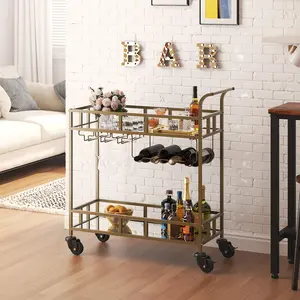 2 Tier Rolling Bar Cart for Home, Small Mirrored Beverage Cart with Wine Rack & Glass Holder, Mobile Alcohol Liquor Cart for Dining Room Living Room Party
