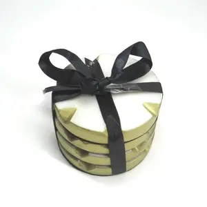 Nova Gold Edge Detailed 4" Marble Coaster Set of 4 Superior Protection Artisan Craftsmanship Tableware with Foam Backing for Scratch-Free Use