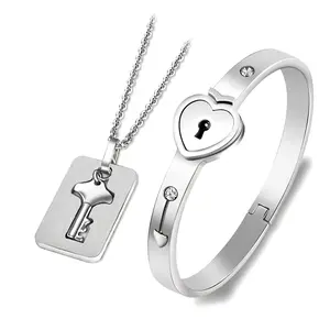 Couples Love Heart Lock Bracelet & Pendant Stainless Steel Necklace Jewelry for Christmas