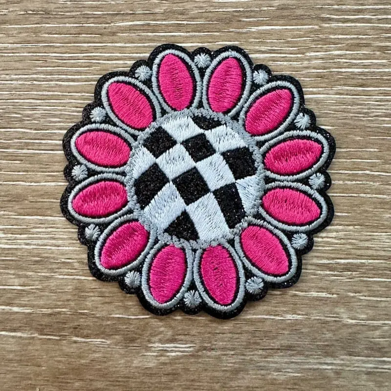 Checkered Pink Flower Iron-On Patch