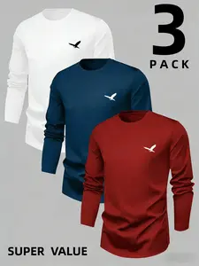 Men's Long Sleeve Round Neck T-Shirt Set, Soft Knit Winter Warm Base Layer, Eagle Logo Print, Breathable Layered Tee, Casual & Formal Wear