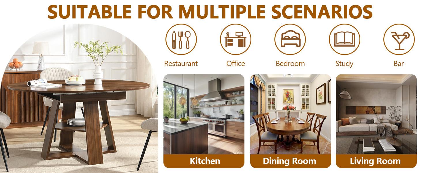 YunKiTech 43.3"–59" Inch Kitchen Dining Table for 4-6,Wood Kitchen Dinning Table for Dining Room Kitchen Living Room,Modern Rustic Style Large Round Table expandable