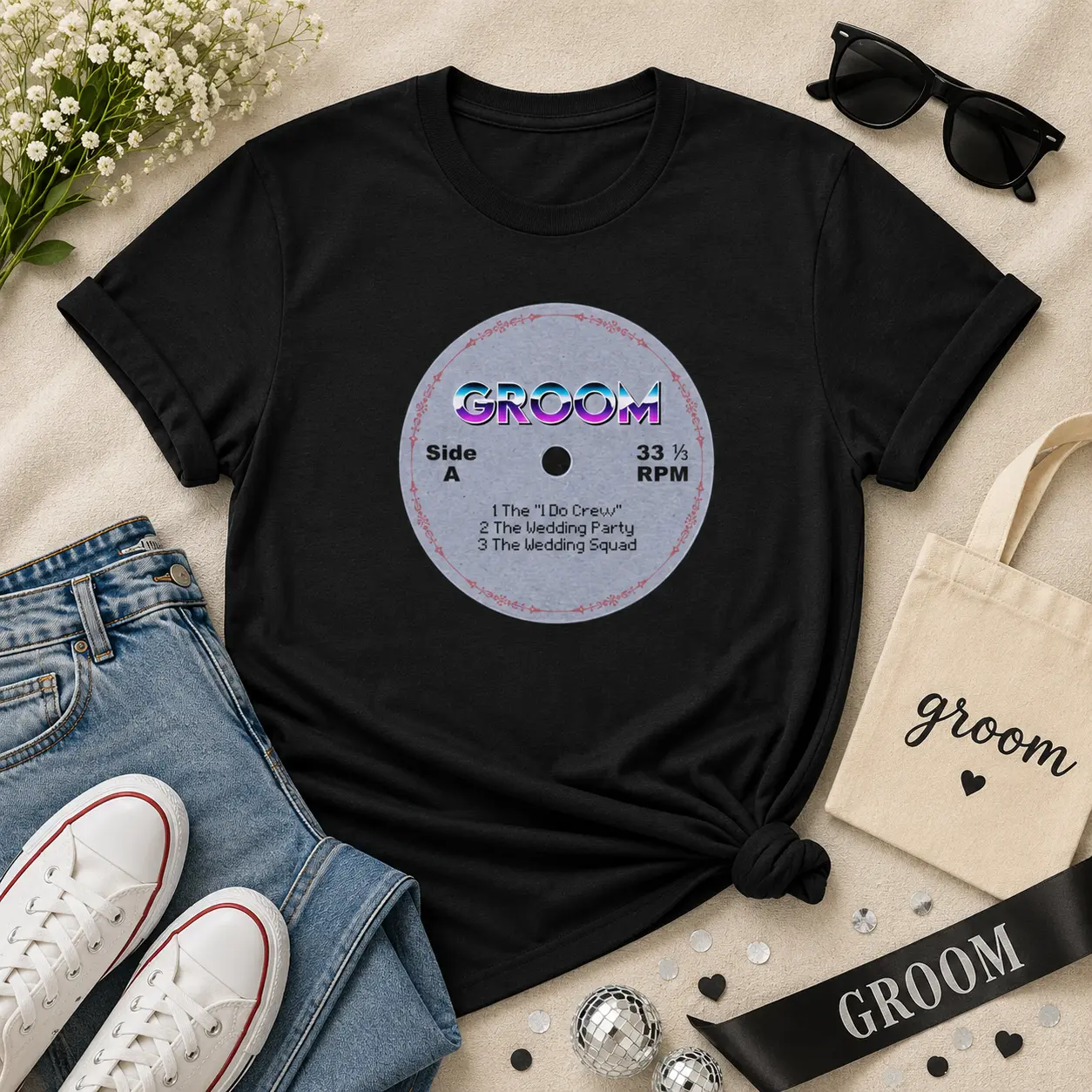 Groom Record Label T-Shirt | Groom Wedding Tee | Music Lover Groom Shirt | Retro Record Graphic | Wedding Day Tee