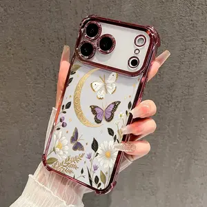 Protective Four Corners Plated Clear Phone Case,phone Case Suitable for Iphone 11/12/13/14/15/16/17 Pro Promax Plus Air and Samsung S22/S23/S24/S25 Plus Ultra Fe,Dreamy Butterfly and Crescent Patterned Shockproof Transparent Soft Silicone Cover, Accessori