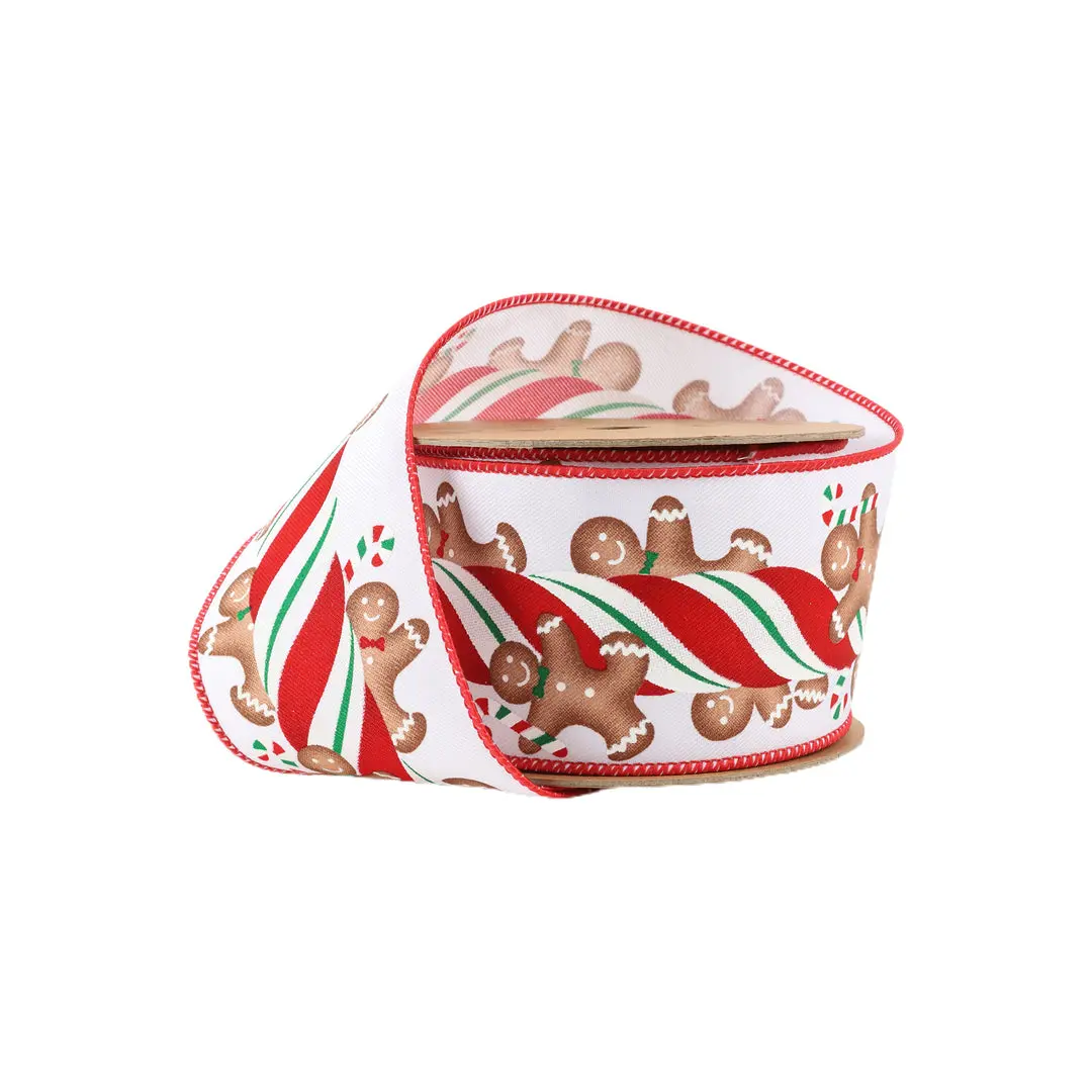 2 1/2" Wired Ribbon | Gingerbread on Peppermint Stick | 10 Yard Roll wreath making Christms tree decor