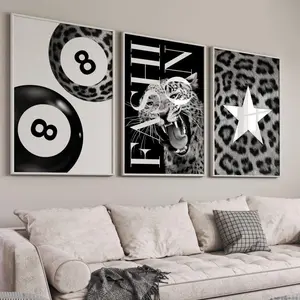 Set Of 3 Poster Black and White Fashion Prints Set Leopard Roar Print 8 Ball Leopard Star Poster Trendy Dorm Prints for Room Decor