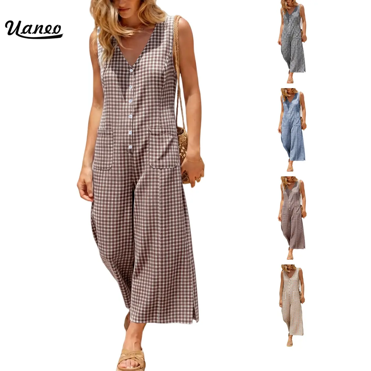 UANEO Women Plaid Button Down Cotton Jumpsuits Sleeveless Casual Wide Leg Checkered Rompers Adjustable Waist Loose Fit Overalls with Pockets Summer Fall Womenswear