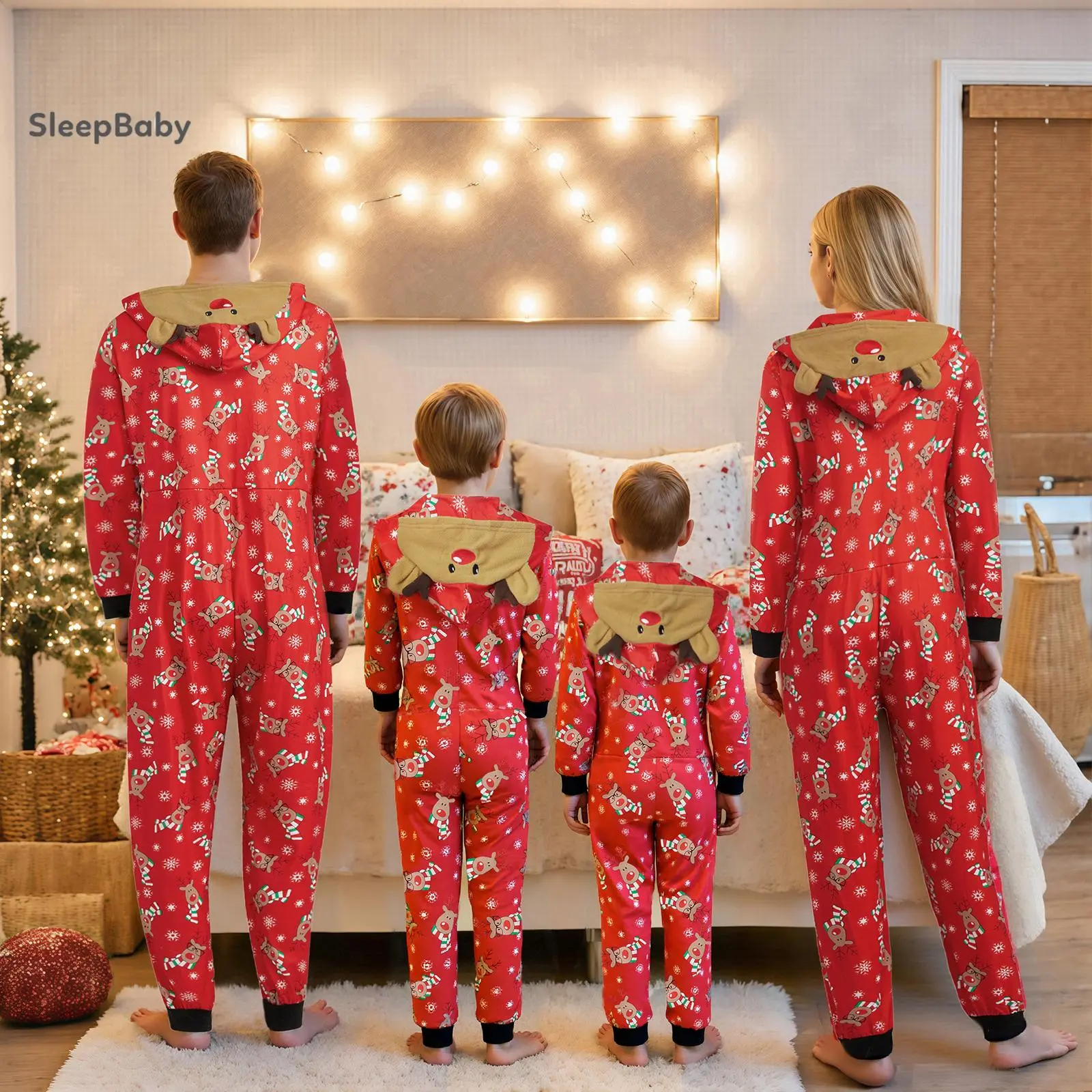 Christmas Family Matching Clothes, Deer Print Cotton Blend Hooded 1-Piece Jumpsuit Pajamas, Loungewear for Adults & Kids 2XL 4T 5T, Women