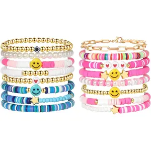 L-HBL001  Preppy Bracelets Set Colorful White Gold Smile Heart Star Polymer Beaded Pearl Clay Stackable Charm Y2K Kidcore Aesthetic Summer Beach Bohemian Stretch Layering Bracelets Jewelry for Girls Women Teens