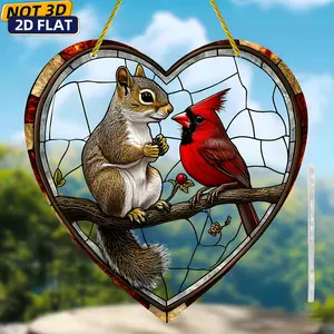 Squirrel & Cardinal Design Acrylic Sun Catcher, Stained Glass Style Window Hanging Decor, Nature Gift for Bird Lovers, Porch, Patio, Room Decor, Ornaments, Wall Hanging Ornament, Interior Wall Decor
