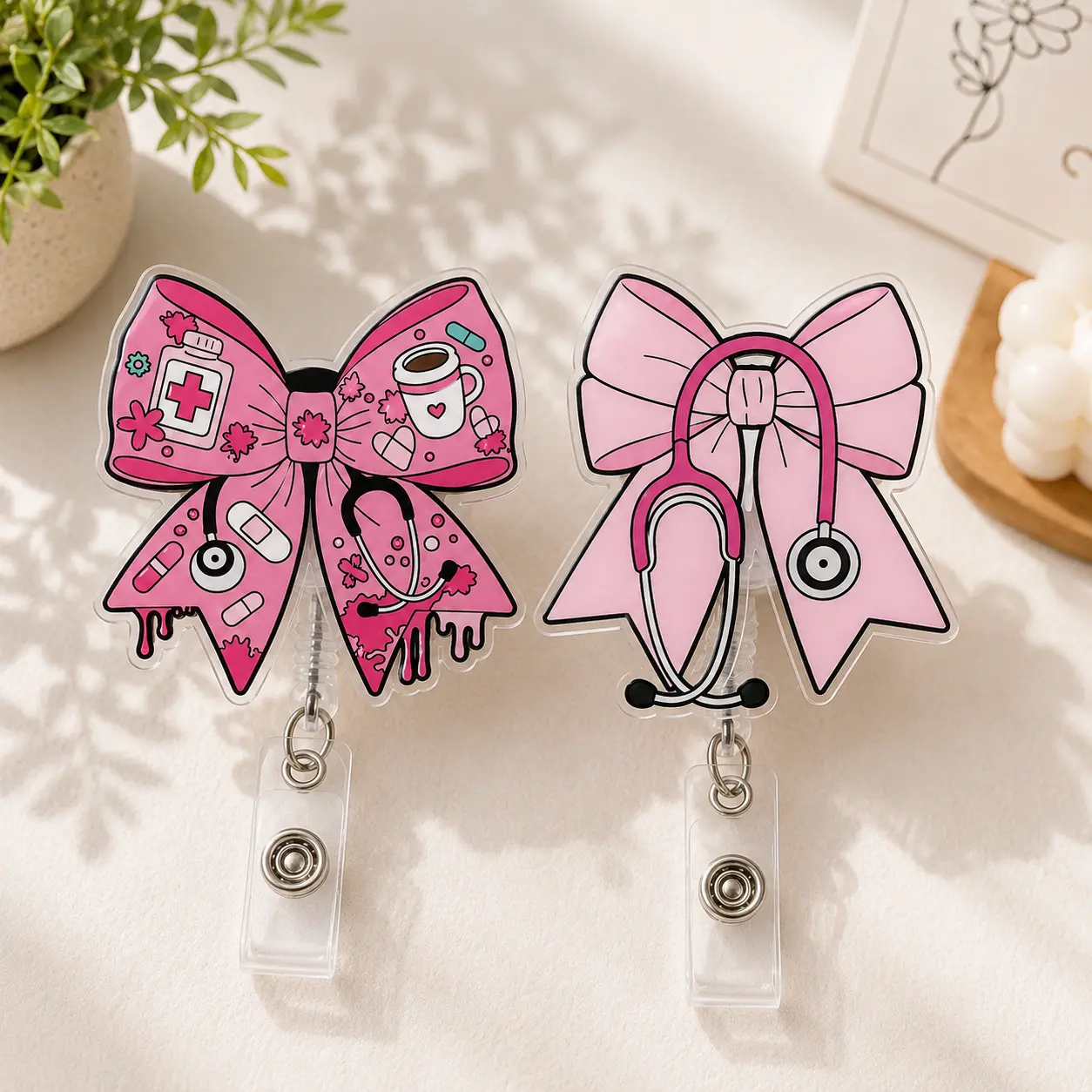 Pretty in Pink Retractable Badge Reel Nurse Bow Acrylic ID Holder Cute Stethoscope Badge Clip Swivel Alligator Gift for RN CNA Medical Staff