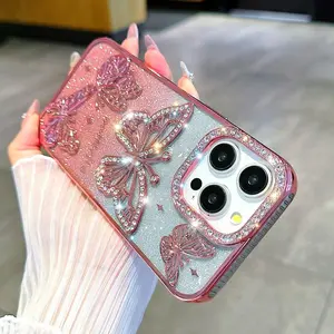 High-grade Charming Flash Diamond Butterfly+Glitter Paper Phone case for iPhone16 15 14 13 12 11 Pro Max Plus, Shine Plating Cellphone Casing Protector Shockproof Drop Dust proof Protective Smartphone Cover Protection Silicone Pink