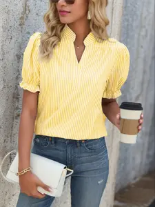 Trendy Striped Bubble Hem Stand Collar Slim Fit Shirt, Summer Sport Vintage Style Short Sleeve Top, Women's Casual Fashion, Womenswear, Fitted