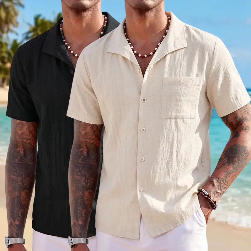 Men’s summer linen shirt made from breathable, soft cotton-linen fabric, featuring a large turn-down collar and a relaxed fit; suitable for beach vacations, everyday outings, and workwear.