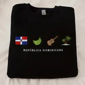 Republica Dominicana Embroidery Sweatshirt, Cozy, Black, Island, Platano Verde, Bachata, Merengue, Guitar Gift Symbol Stitch Crewneck Unisex