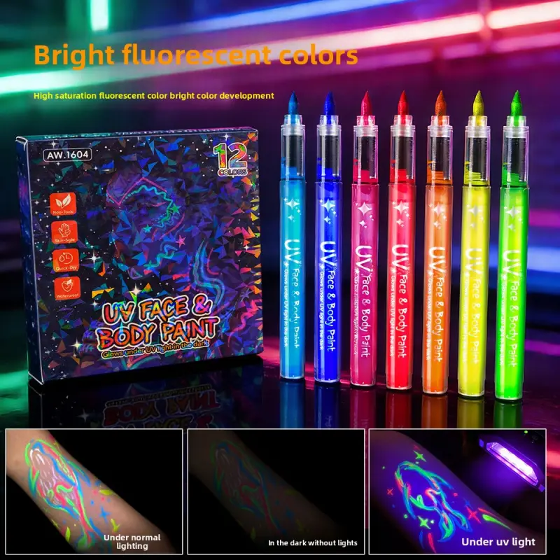 8/12/18 Colors UV Face & Body Paint Pen Set, Glow in the Dark Temporary Tattoo Markers, Washable & Removable Fluorescent Paint Sticks for Parties, Festivals, Halloween, Raves, Neon Body Art Supplies for Adults