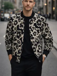 Men's Fashion Floral Print College Style Jacket Coat, Casual Trendy Outerwear for Spring & Fall, Stylish Men's Clothing Menswear Tops Gamis Long Sleeve Long Sleeve Pockets Fabric Fitted Black